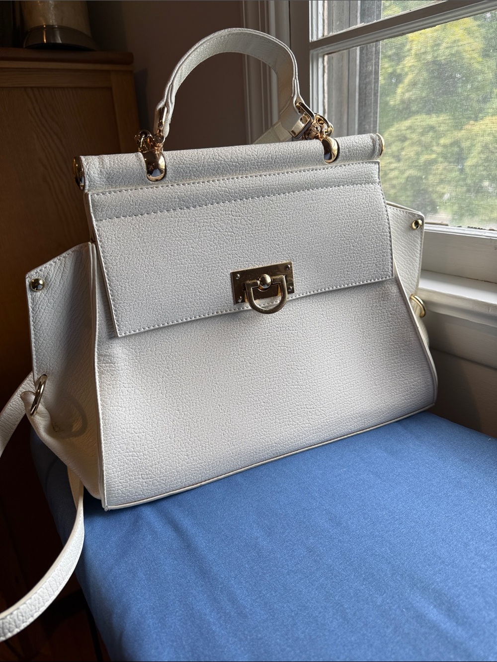 Elegant White Galian Structured Top-Handle Bag with Gold Hardware